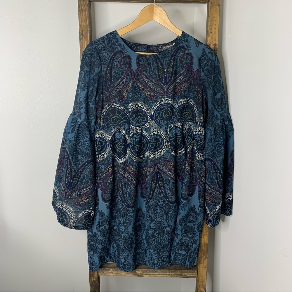 Earthbound Trading Womens Tunic Dress Boho Bell Sleeve Paisley Blue Size M